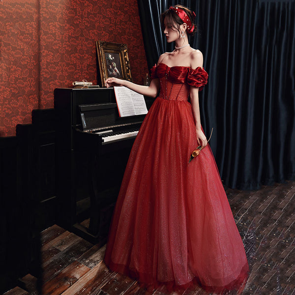 Blushing Red Temperament Attractive Off Shoulder Sleeveless Backless Crystal Floor Length Long Prom Formal Bride Dresses Dress