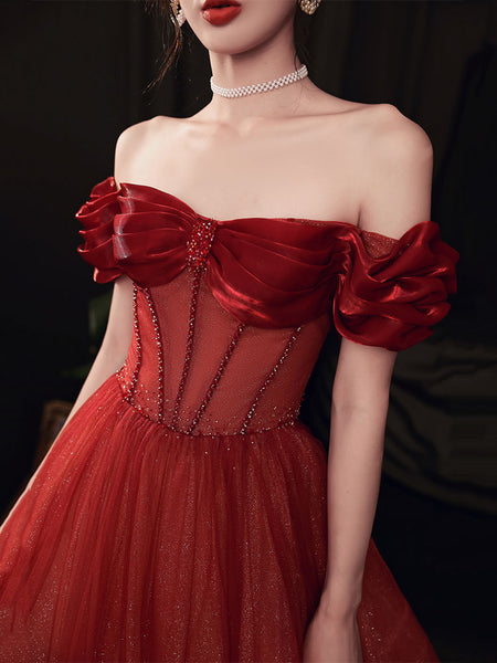 Blushing Red Temperament Attractive Off Shoulder Sleeveless Backless Crystal Floor Length Long Prom Formal Bride Dresses Dress