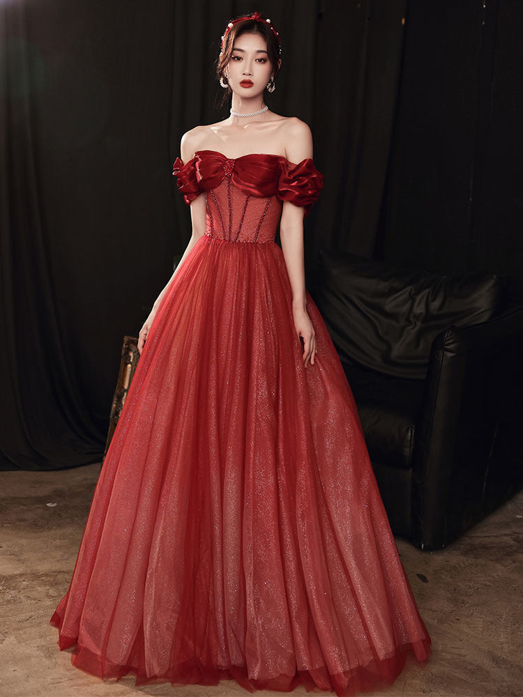 Blushing Red Temperament Attractive Off Shoulder Sleeveless Backless Crystal Floor Length Long Prom Formal Bride Dresses Dress