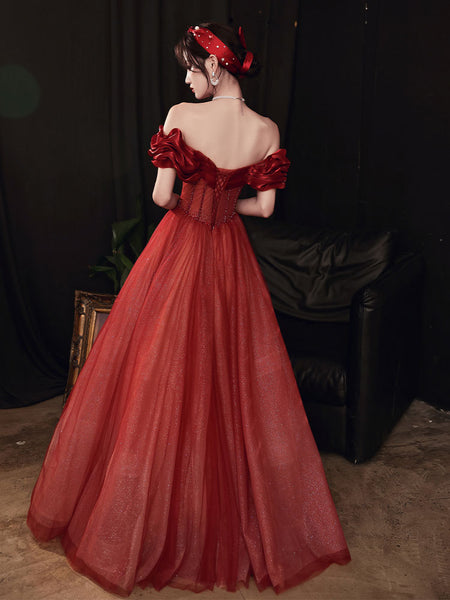 Blushing Red Temperament Attractive Off Shoulder Sleeveless Backless Crystal Floor Length Long Prom Formal Bride Dresses Dress