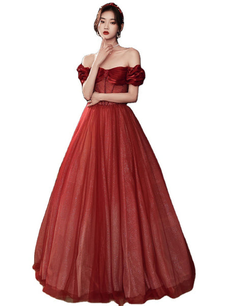Blushing Red Temperament Attractive Off Shoulder Sleeveless Backless Crystal Floor Length Long Prom Formal Bride Dresses Dress