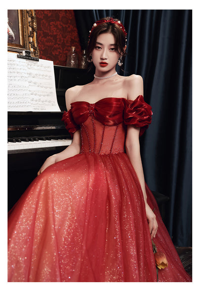 Blushing Red Temperament Attractive Off Shoulder Sleeveless Backless Crystal Floor Length Long Prom Formal Bride Dresses Dress