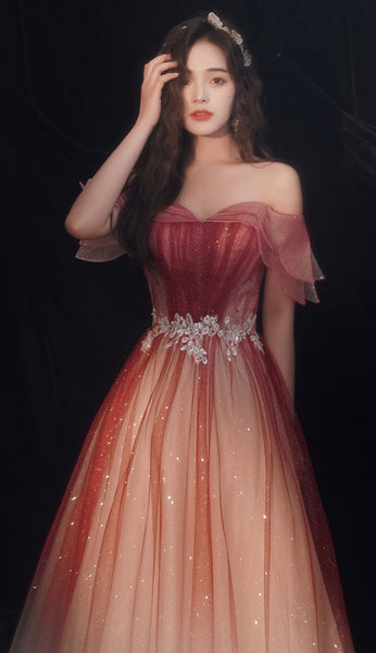 Blushing Elegant Women Wine Red Temperament Off Shoulder Evening Banquet Pleated Ball Bride Dress