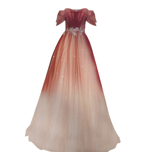 Blushing Elegant Women Wine Red Temperament Off Shoulder Evening Banquet Pleated Ball Bride Dress