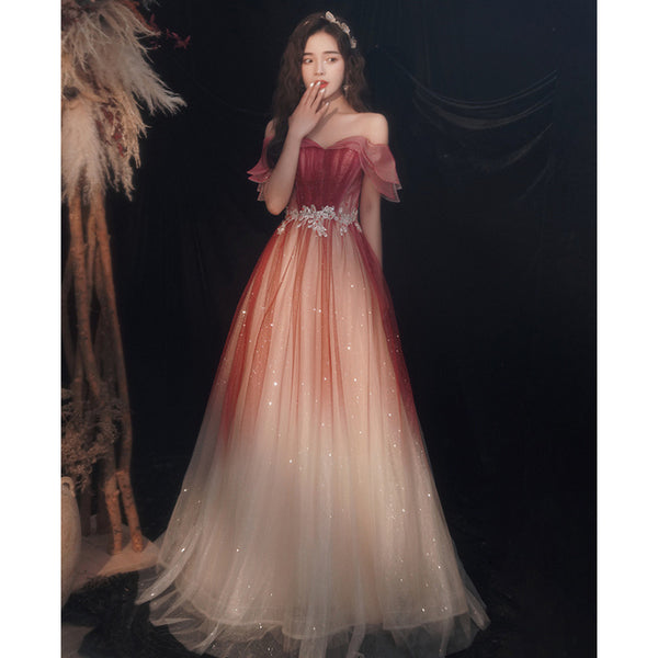 Blushing Elegant Women Wine Red Temperament Off Shoulder Evening Banquet Pleated Ball Bride Dress