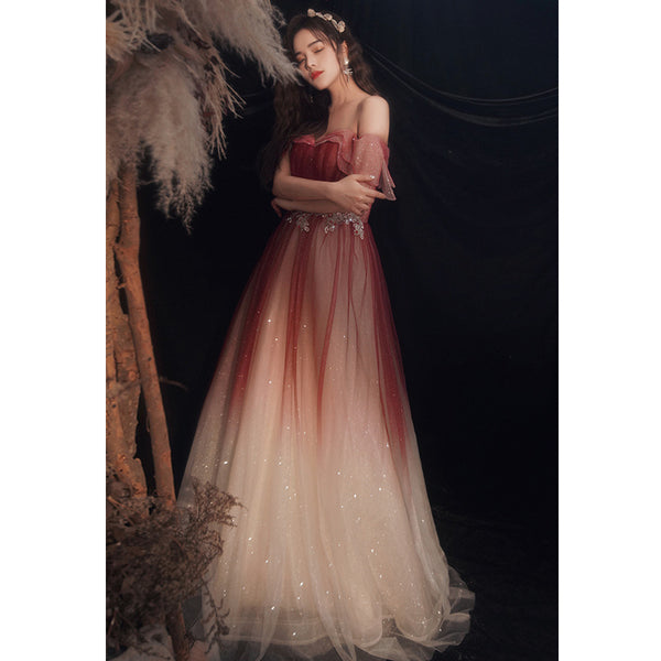 Blushing Elegant Women Wine Red Temperament Off Shoulder Evening Banquet Pleated Ball Bride Dress