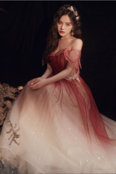 Blushing Elegant Women Wine Red Temperament Off Shoulder Evening Banquet Pleated Ball Bride Dress