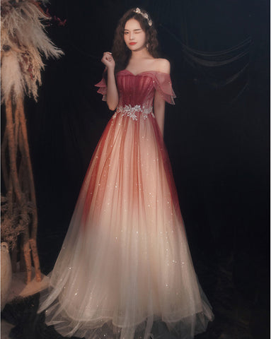 Blushing Elegant Women Wine Red Temperament Off Shoulder Evening Banquet Pleated Ball Bride Dress