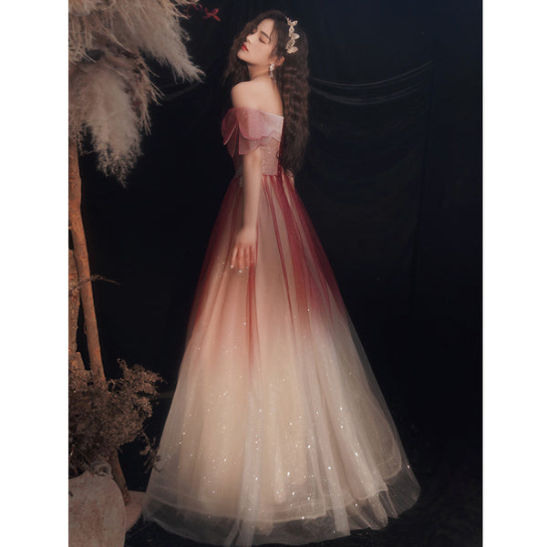 Blushing Elegant Women Wine Red Temperament Off Shoulder Evening Banquet Pleated Ball Bride Dress