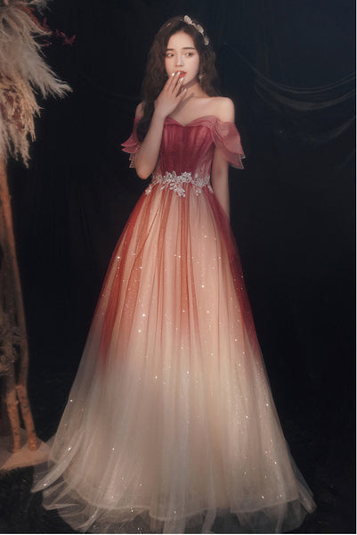 Blushing Elegant Women Wine Red Temperament Off Shoulder Evening Banquet Pleated Ball Bride Dress