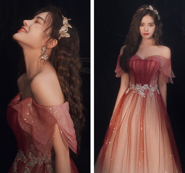 Blushing Elegant Women Wine Red Temperament Off Shoulder Evening Banquet Pleated Ball Bride Dress