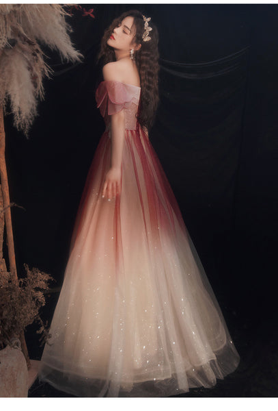 Blushing Elegant Women Wine Red Temperament Off Shoulder Evening Banquet Pleated Ball Bride Dress