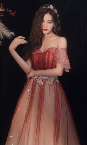 Blushing Elegant Women Wine Red Temperament Off Shoulder Evening Banquet Pleated Ball Bride Dress