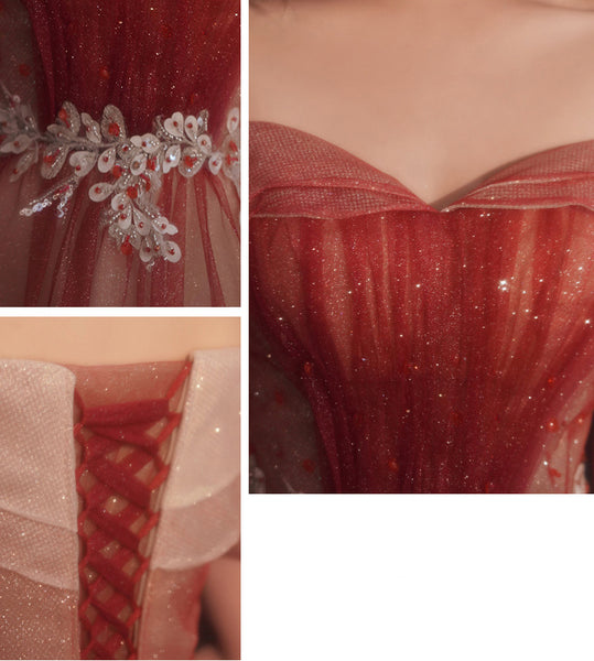 Blushing Elegant Women Wine Red Temperament Off Shoulder Evening Banquet Pleated Ball Bride Dress