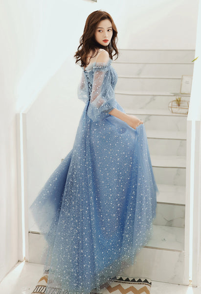 Gorgeous Fairy Women V Neck Blue Long Gown Robe Bridal Bridesmaid Long Sleeves Prom Evening Blink Party Dress