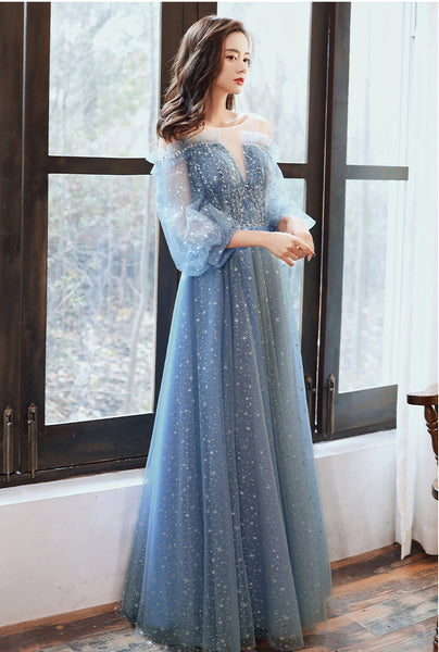 Gorgeous Fairy Women V Neck Blue Long Gown Robe Bridal Bridesmaid Long Sleeves Prom Evening Blink Party Dress