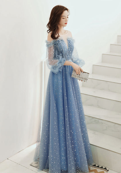 Gorgeous Fairy Women V Neck Blue Long Gown Robe Bridal Bridesmaid Long Sleeves Prom Evening Blink Party Dress
