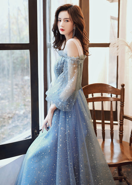 Gorgeous Fairy Women V Neck Blue Long Gown Robe Bridal Bridesmaid Long Sleeves Prom Evening Blink Party Dress