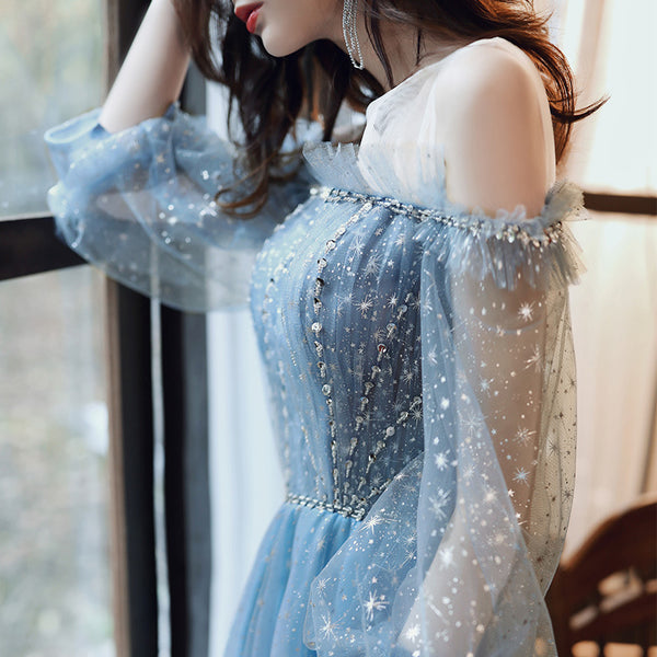 Gorgeous Fairy Women V Neck Blue Long Gown Robe Bridal Bridesmaid Long Sleeves Prom Evening Blink Party Dress