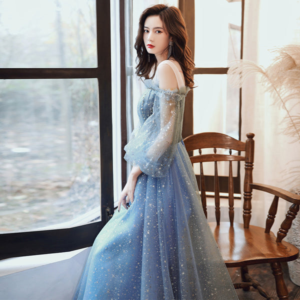 Gorgeous Fairy Women V Neck Blue Long Gown Robe Bridal Bridesmaid Long Sleeves Prom Evening Blink Party Dress