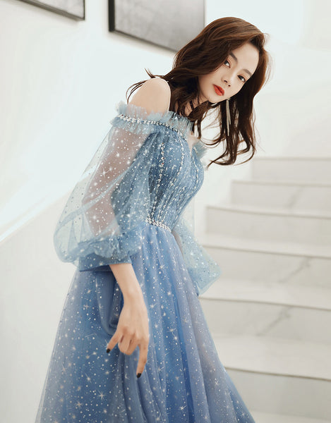 Gorgeous Fairy Women V Neck Blue Long Gown Robe Bridal Bridesmaid Long Sleeves Prom Evening Blink Party Dress