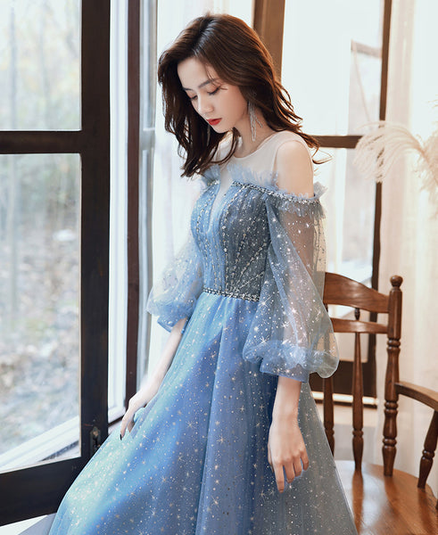 Gorgeous Fairy Women V Neck Blue Long Gown Robe Bridal Bridesmaid Long Sleeves Prom Evening Blink Party Dress