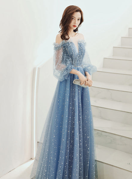 Gorgeous Fairy Women V Neck Blue Long Gown Robe Bridal Bridesmaid Long Sleeves Prom Evening Blink Party Dress