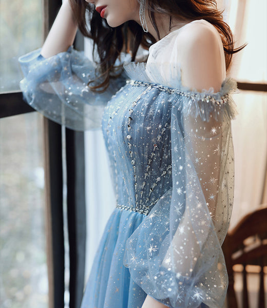 Gorgeous Fairy Women V Neck Blue Long Gown Robe Bridal Bridesmaid Long Sleeves Prom Evening Blink Party Dress