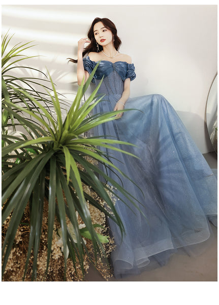 Gorgeous Fairy Women Off Shoulder Blue Long Gown Bridal Bridesmaid Evening Pleated Sleeves Prom Party Dress