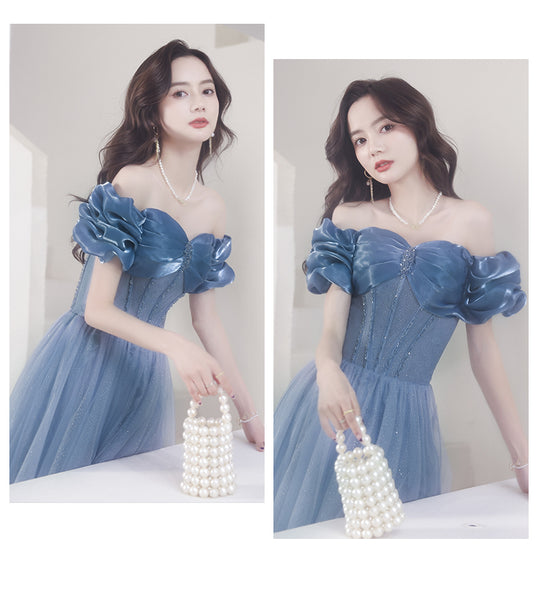 Gorgeous Fairy Women Off Shoulder Blue Long Gown Bridal Bridesmaid Evening Pleated Sleeves Prom Party Dress