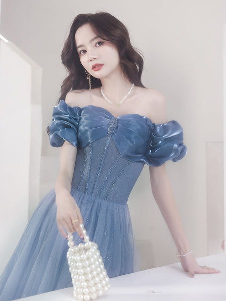 Gorgeous Fairy Women Off Shoulder Blue Long Gown Bridal Bridesmaid Evening Pleated Sleeves Prom Party Dress