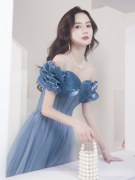 Gorgeous Fairy Women Off Shoulder Blue Long Gown Bridal Bridesmaid Evening Pleated Sleeves Prom Party Dress