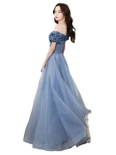Gorgeous Fairy Women Off Shoulder Blue Long Gown Bridal Bridesmaid Evening Pleated Sleeves Prom Party Dress
