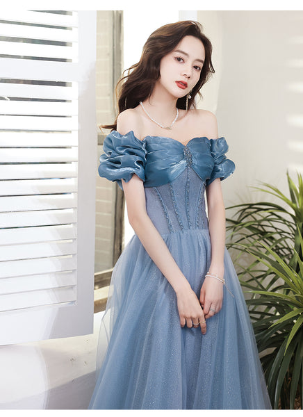 Gorgeous Fairy Women Off Shoulder Blue Long Gown Bridal Bridesmaid Evening Pleated Sleeves Prom Party Dress