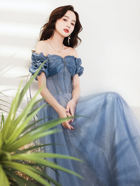 Gorgeous Fairy Women Off Shoulder Blue Long Gown Bridal Bridesmaid Evening Pleated Sleeves Prom Party Dress