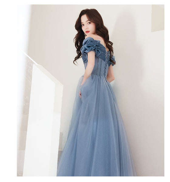 Gorgeous Fairy Women Off Shoulder Blue Long Gown Bridal Bridesmaid Evening Pleated Sleeves Prom Party Dress