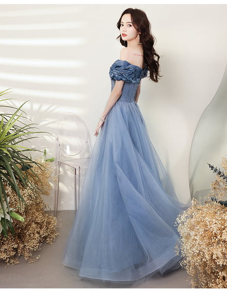 Gorgeous Fairy Women Off Shoulder Blue Long Gown Bridal Bridesmaid Evening Pleated Sleeves Prom Party Dress