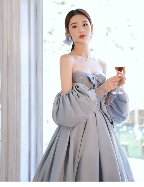 Elegant Sky Blue Satin A-Line Princess Off Shoulder Strapless Beading Bow Short Sleeve Backless Floor Length Long Formal Prom Dresses