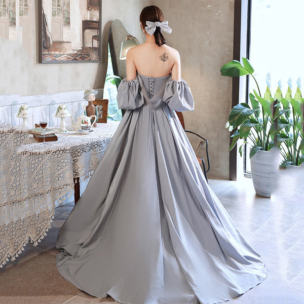 Elegant Sky Blue Satin A-Line Princess Off Shoulder Strapless Beading Bow Short Sleeve Backless Floor Length Long Formal Prom Dresses