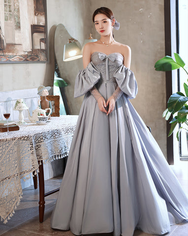 Elegant Sky Blue Satin A-Line Princess Off Shoulder Strapless Beading Bow Short Sleeve Backless Floor Length Long Formal Prom Dresses