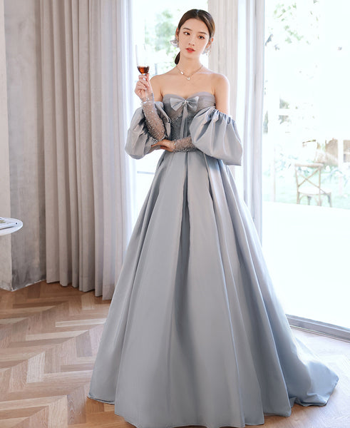 Elegant Sky Blue Satin A-Line Princess Off Shoulder Strapless Beading Bow Short Sleeve Backless Floor Length Long Formal Prom Dresses
