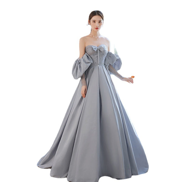 Elegant Sky Blue Satin A-Line Princess Off Shoulder Strapless Beading Bow Short Sleeve Backless Floor Length Long Formal Prom Dresses