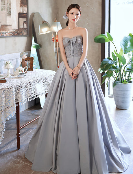 Elegant Sky Blue Satin A-Line Princess Off Shoulder Strapless Beading Bow Short Sleeve Backless Floor Length Long Formal Prom Dresses