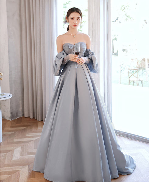 Elegant Sky Blue Satin A-Line Princess Off Shoulder Strapless Beading Bow Short Sleeve Backless Floor Length Long Formal Prom Dresses