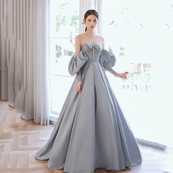 Elegant Sky Blue Satin A-Line Princess Off Shoulder Strapless Beading Bow Short Sleeve Backless Floor Length Long Formal Prom Dresses
