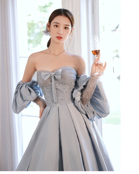 Elegant Sky Blue Satin A-Line Princess Off Shoulder Strapless Beading Bow Short Sleeve Backless Floor Length Long Formal Prom Dresses