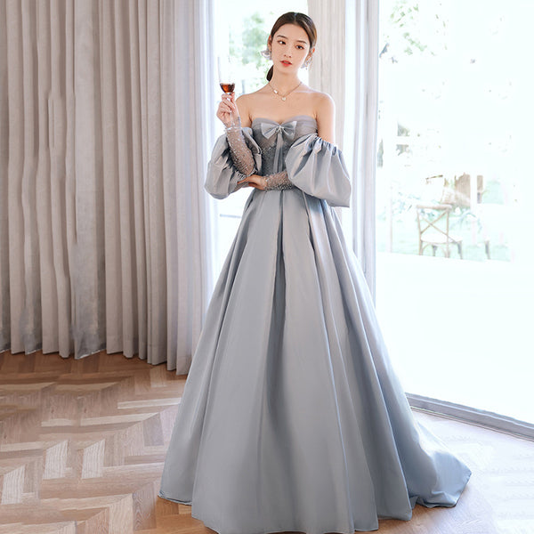 Elegant Sky Blue Satin A-Line Princess Off Shoulder Strapless Beading Bow Short Sleeve Backless Floor Length Long Formal Prom Dresses