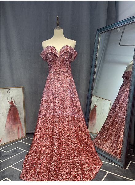 Elegant Luxury Women Gradient Color Change Off Shoulder Sequin Banquet Evening Party Bride Prom Dress Gowns