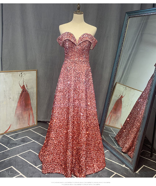 Elegant Luxury Women Gradient Color Change Off Shoulder Sequin Banquet Evening Party Bride Prom Dress Gowns