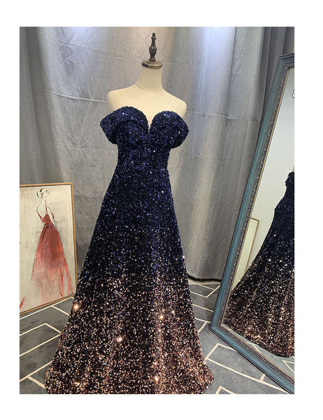 Elegant Luxury Women Gradient Color Change Off Shoulder Sequin Banquet Evening Party Bride Prom Dress Gowns
